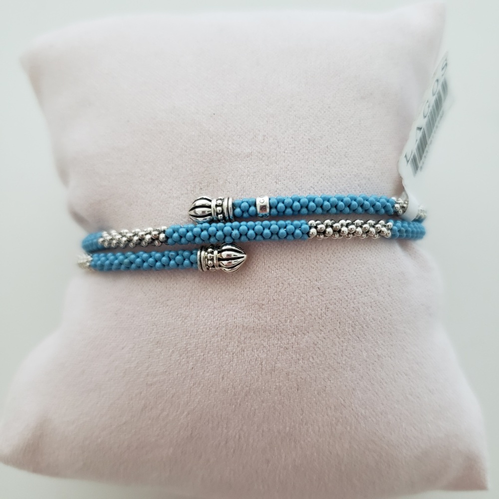 LAGOS Caviar Sterling Silver Blue Ceramic Beaded Coil Bracelet - Picture 9 of 16